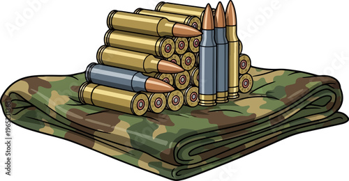 Pile of ammunition cartridges rests on folded camouflage fabric