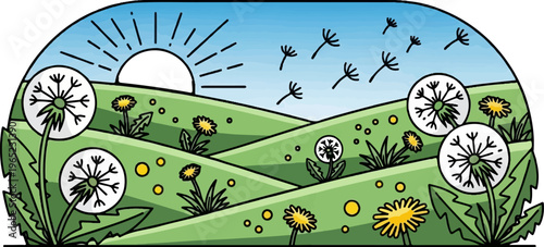 Sunny day with dandelions blowing in the wind across rolling green hills