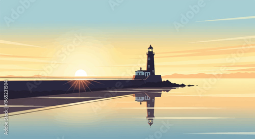 Lighthouse on a rocky outcrop reflects in calm water at sunset