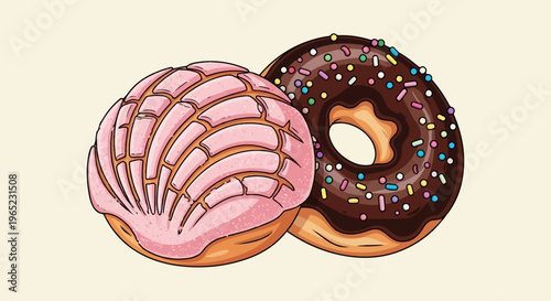 Two sweet pastries, a pink concha and a chocolate donut with sprinkles
