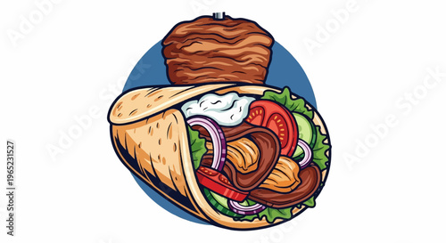 Vibrant cartoon style illustration of a loaded meat wrap with fresh vegetables and a spinning rotisserie