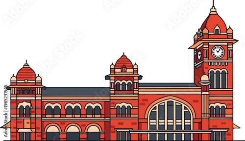 Detailed cartoon depiction of a grand red brick building with domes and a clock tower
