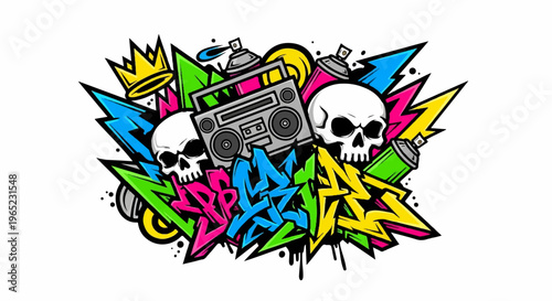 Vibrant graffiti art featuring skulls, boombox, spray cans, and crown