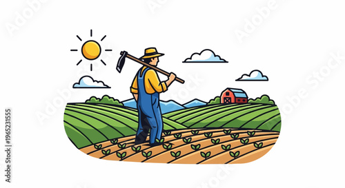 Farmer with hoe in field, sun, clouds, and barn