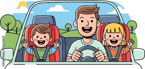 Father driving car with two children in car seats, waving hello