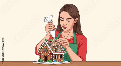 Woman decorating a gingerbread house with icing and candies