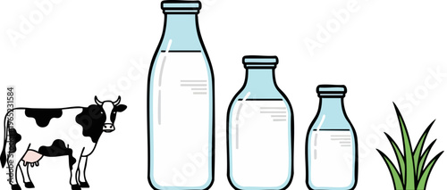 PrintIllustrative collection showing a Holstein dairy cow standing beside three varying sizes of glass milk bottles and a small clump of fresh green grass.