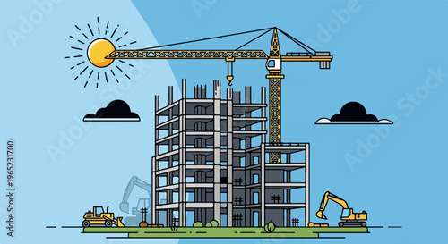 Construction site with crane, building under construction, and machinery