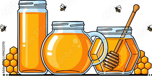 PrintIllustration of various glass jars filled with golden natural honey surrounded by honeycomb pieces and small flying bees symbolizing sweetness and nature.
