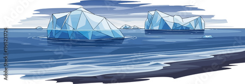 Polygonal icebergs float on deep blue water under a cloudy sky