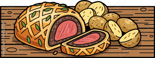 Savory meat pie with golden crust and roasted potatoes on wooden board