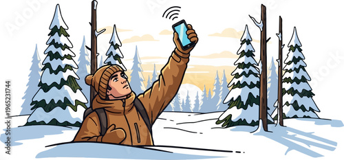 Person in snowy woods holds phone aloft searching for signal at sunset