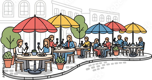 People dine outdoors under colorful umbrellas at sidewalk cafes