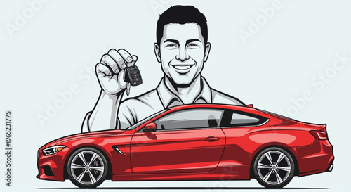 Smiling man holds car keys above a sleek red sports coupe