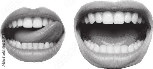 Human Mouths Halftone Collage Element – Smiling, Talking and Screaming Lips in Dotted Retro Pop Art Urban Magazine Style Sticker Clip Art Vector Illustration