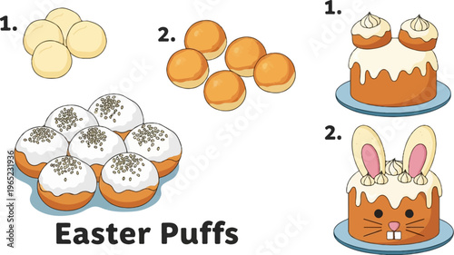 Cartoon Easter cakes and pastries sweet dough rounds, frosted puffs, bunny decorated dessert