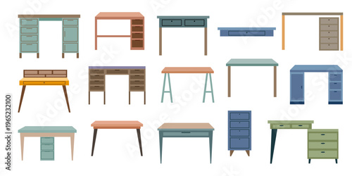 Collection of different desktops isolated on white background3. Vector flat furniture cliparts. Concepts of home, office, interiors, work, study.