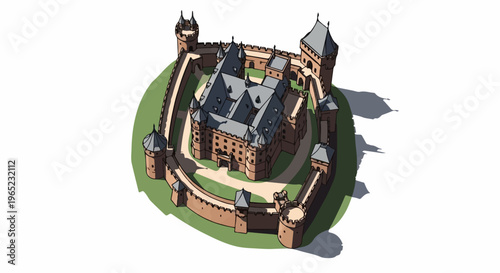 Isometric view of a fortified medieval castle with surrounding walls and towers