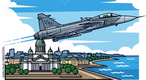 Jet fighter flies over a coastal city with a large cathedral