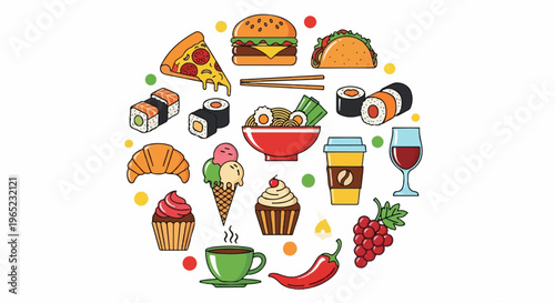 Assortment of diverse international foods and drinks arranged in a circle