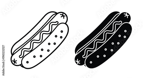 Hot dog with mustard and sesame bun - Minimalist, flat icon, outline, glyph, linear, clipart, sticker - icon set