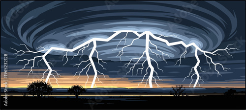 Pixelated storm clouds swirl, unleashing brilliant lightning over a silhouetted landscape