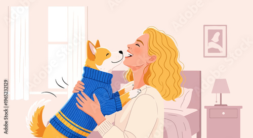 Joyful moment between a smiling blonde woman and her dog wearing a sweater