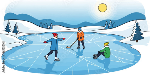 Three people ice skating on a frozen pond with a hockey stick