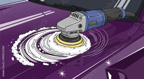 Polisher buffs car hood creating shine and foam