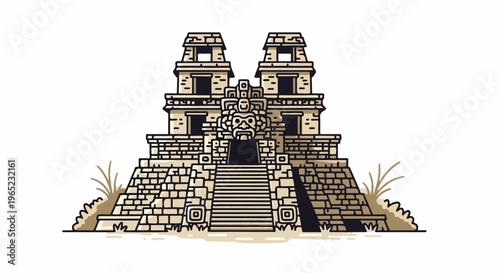 Ancient stone pyramid structure with a carved face above a grand entrance