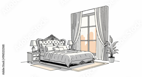 Luxurious bedroom with tufted headboard, side tables, lamps, and large window view