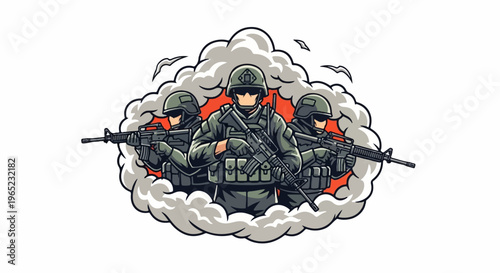 Three soldiers in tactical gear advance through smoke