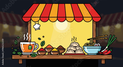 A vibrant, nighttime food stall displays steaming tea, dumplings, noodles, and spices