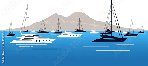 Sailboats and yachts anchored in blue water with mountains in the background