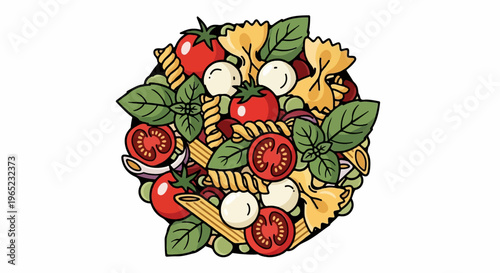 Vibrant pasta salad with tomatoes, mozzarella, basil, and pasta shapes