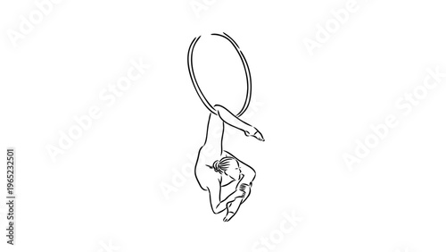 A minimalist line art illustration of a woman performing aerial hoop acrobatics