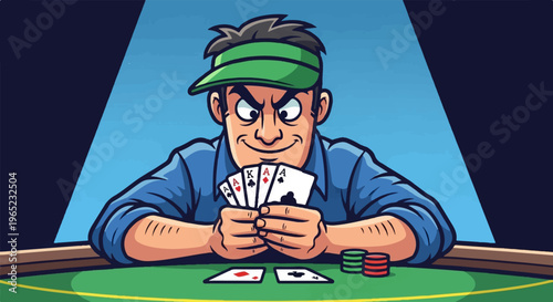 A menacing man in a visor plays poker with a strong hand of aces