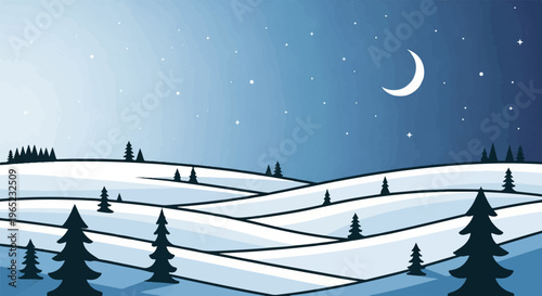Snow-covered hills under a starry sky with a crescent moon