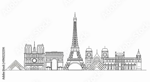 Stylized black and white line art skyline of famous global landmarks