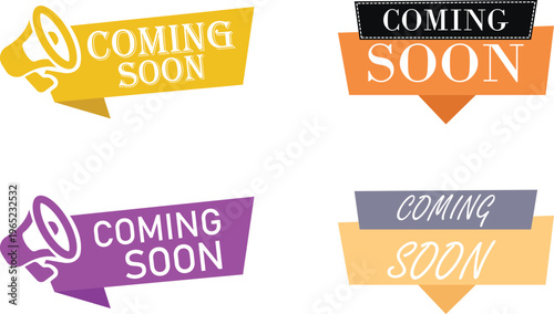 Coming soon icon set collection group modern announcement sign symbol label badge notice message update release launch reminder alert marketing promotion design flat vector.