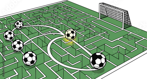 Soccer balls navigate a challenging maze toward a goal