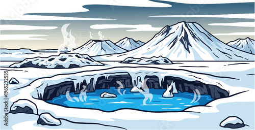 A frigid landscape with steaming pools amidst snow-covered mountains and clouds