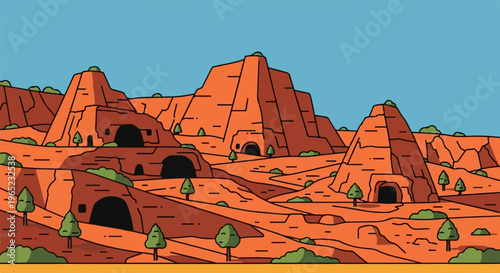 Stylized arid canyon landscape with caves and sparse vegetation under a blue sky