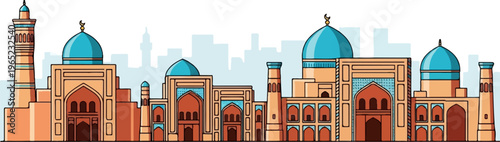 Stylized, colorful ancient Islamic architectural complex with domes and minarets