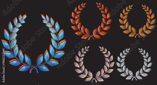 Metallic laurel wreath set with 5 vector icons, gold silver and bronze trophy frames, heraldic laurel branch symbols for victory and achievement awards