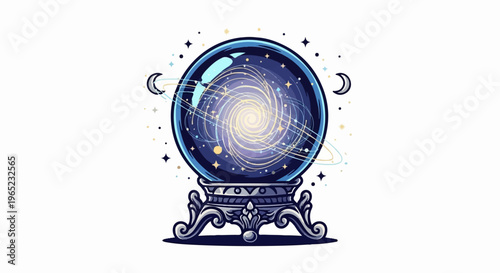A crystal ball revealing a swirling galaxy and distant celestial bodies