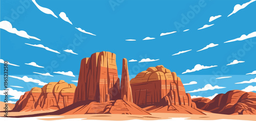 Stylized desert landscape with towering sandstone formations under a clear blue sky