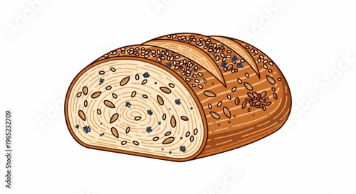 A cartoon illustration of a sliced loaf of seeded bread