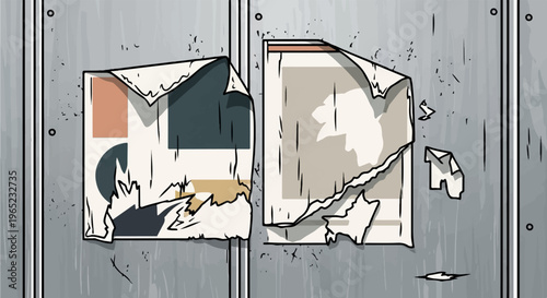 Torn posters with abstract shapes on a textured, metallic surface