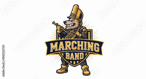 A cartoon bear in a marching band uniform plays a trumpet